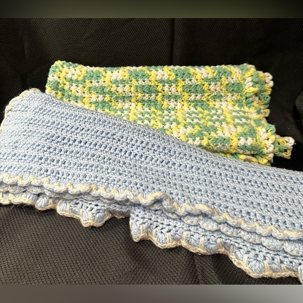 Crocheted Handmade Baby Blankets Lot of Two~One is green, One is blue.